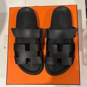 Hermès Black Chypre Slide Sandals 39.5